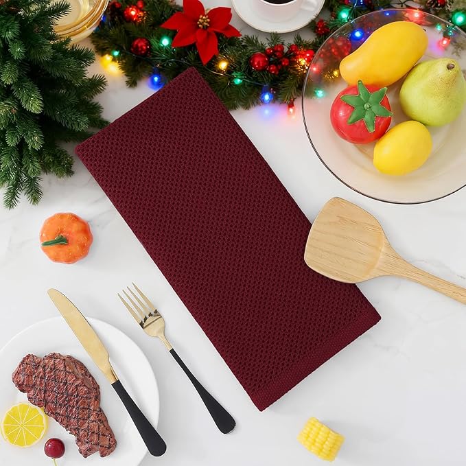 Homaxy 100% Cotton Waffle Weave Kitchen Dish Towels, Ultra Soft Absorbent Quick Drying Cleaning Towel, 13 x 28 Inches, 8-Pack, Burgundy