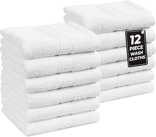 LANE LINEN 12 PC Wash Cloths Bathroom Set -100% Cotton Highly Absorbent Washcloths Bulk, Premium Spa & Hotel Quality Wash Clothes -White