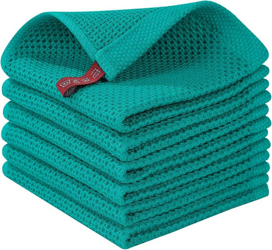 Homaxy 100% Cotton Waffle Weave Kitchen Dish Cloths, Ultra Soft Absorbent Quick Drying Dish Towels, 12 x 12 Inches, 6-Pack, Teal
