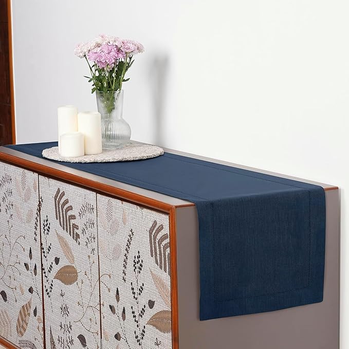 D'Moksha Homes Linen Navy Blue Table Runner 60 Inches - Classic Hemstitch, 100% Pure Linen Coffee Table Runner 14 x 60 Inch Ideal for Dresser Tables - Winter, Holiday, New Year