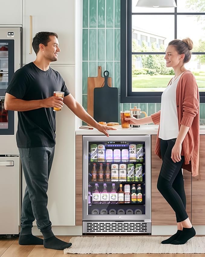 24-Inch Built-In Beverage Cooler, 200 Can Capacity, Smart Control System, for Soda, Beer, Wine & Water, Ideal for Kitchen, Bar, Living Room