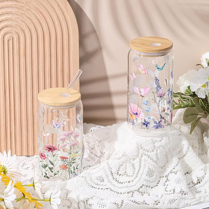 Mumufy Gift for Women Cute Glass Cup Tumbler Flower Iced Coffee Mugs 16 oz Glass with Bamboo Lid & Straw, Mothers Day Birthday Gift for Mom Sister Bridesmaid Baby Shower(2 Pack,Wild Flower2)
