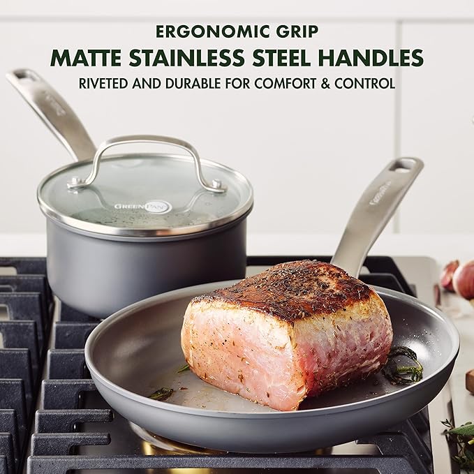 GreenPan Chatham Hard Anodized Healthy Ceramic Nonstick 10 Piece Cookware Pots and Pans Set, Frying Pan Skillets, Saucepans, Saute Pan, Stockpot, Lids, PFAS-Free, Dishwasher & Oven Safe, Gray