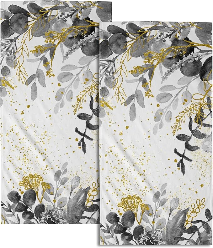 Imiss Grey Eucalyptus Sage Leaves Hand Towels Set of 2,Watercolor Plant Leaves Face Towel Guest Washcloth 14.4 x 28.3 Inch Nature Seasonal Decor Towel for Gym,Spa,Hotel