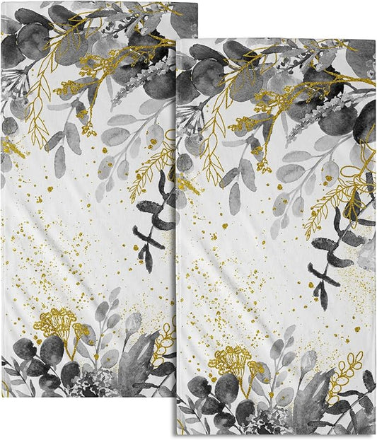 Imiss Grey Eucalyptus Sage Leaves Hand Towels Set of 2,Watercolor Plant Leaves Face Towel Guest Washcloth 14.4 x 28.3 Inch Nature Seasonal Decor Towel for Gym,Spa,Hotel