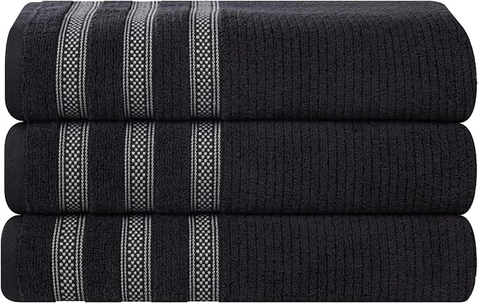 Superior Cotton Bath Towel Set, Zero Twist, Ribbed Geometric,Large Plush Absorbent Body Towels, Luxury Soft Quick Dry, Shower, Spa, Hotel, Pool, Guest Bathroom, Home Essentials, Set of 3, Black