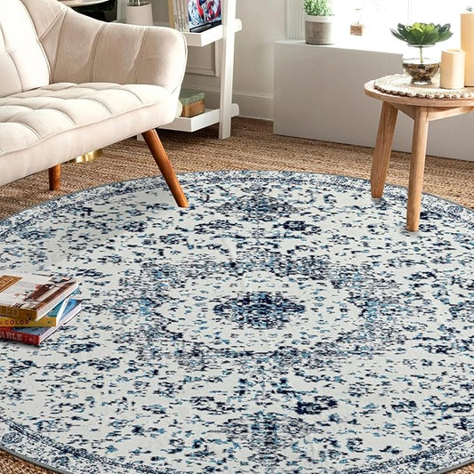 Easy-Going Round Rug 6ft Area Rug Washable Boho Circle Rugs for Living Room Non-Slip Bedroom Rug Low Pile Lightweight Floral Print Vintage Throw Rug for Dining Room Kitchen Home Office, Blue Cream