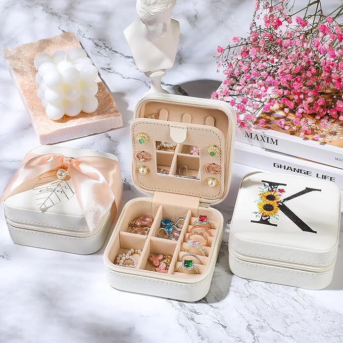 AYGXU teen girl gifts trendy stuff,Jewelry Box Organizer,Travel Initial Jewelry Box for Girls,16oz glass cups with bamboo lids,aesthetic glass cup,Travel Essentials,Initial M white