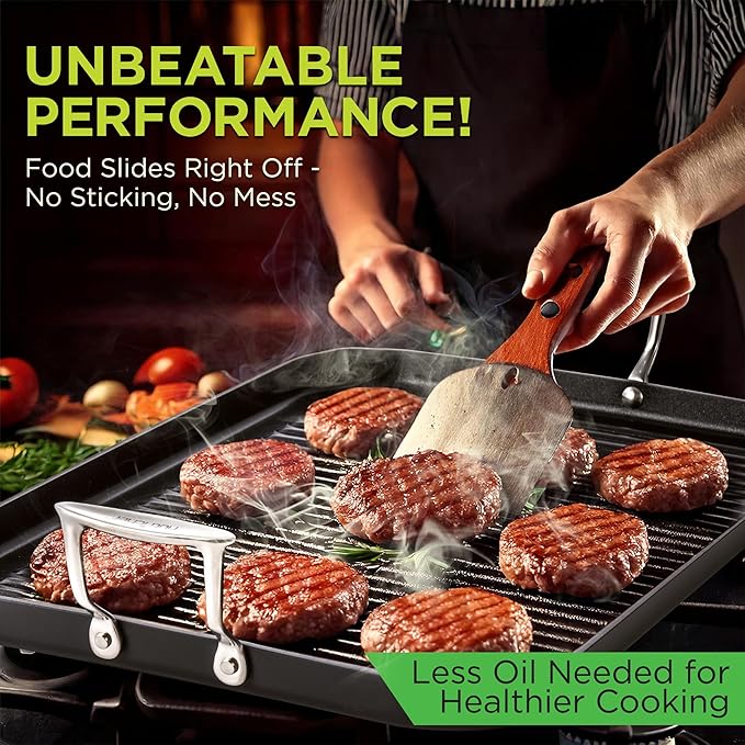 NutriChef 20"x13" Stove Top Grill Pan - Double Burner, Hard-Anodized Non stick Grill & Griddle Pan
