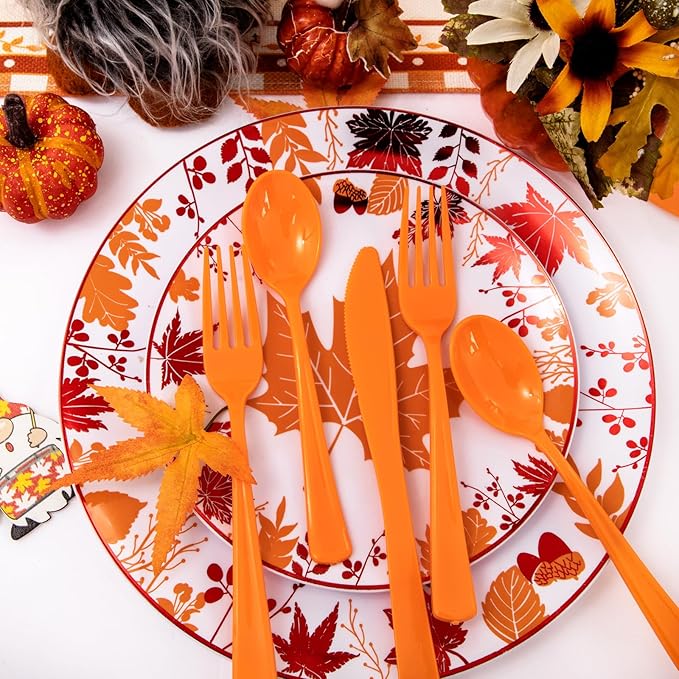 NOCCUR 180PCS Thanksgiving Plastic Silverware Disposable - Orange Plastic Cutlery Include 60 Forks, 60 Spoons, 60 Knives Ideal for Fall Party&Thanksgiving