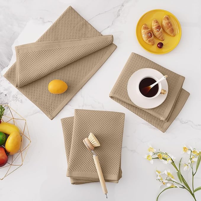 Homaxy 100% Cotton Waffle Weave Kitchen Dish Towels, Ultra Soft Absorbent Quick Drying Cleaning Towel, 20x28 Inches, 4-Pack, Tan