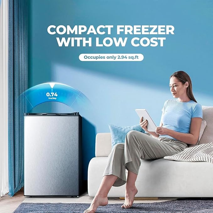 3.0 Cu.ft Upright Freezer, Small Mini Freezer with Adjustable Thermostat, Removable Shelves, Reversible Single Door, for Bedroom/Home/Dorms/Apartment, Silver