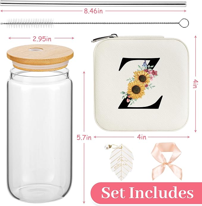 AYGXU Glass Cups with Lids and Straws, Tumblers with Brushes, Small Jewelry Organizer Box, Birthday and Travel Gifts for Women and Girls, High School Graduation Gift for Her, Initial Z White