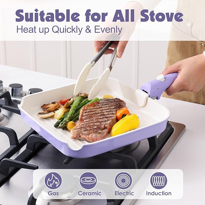 SENSARTE 17 Piece Ceramic Pots and Pans Set, Nonstick Detachable Handle Cookware, Induction Kitchen Cookware Set with Removable Handle, Dishwasher ＆ Oven Safe (Purple)