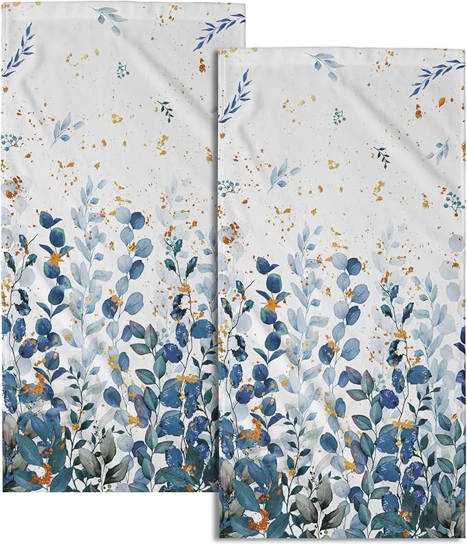 Imiss Blue Eucalyptus Towels - Watercolor Blue Grey Leaves Botanical Decorative Kitchen Bathroom Towel 14.4"x28.3" Multipurpose Bath Guest Towels Set of 2 for Gym,Spa,Hotel Decor