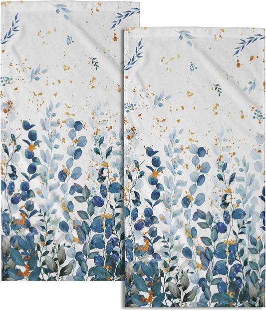 Imiss Blue Eucalyptus Towels - Watercolor Blue Grey Leaves Botanical Decorative Kitchen Bathroom Towel 14.4"x28.3" Multipurpose Bath Guest Towels Set of 2 for Gym,Spa,Hotel Decor