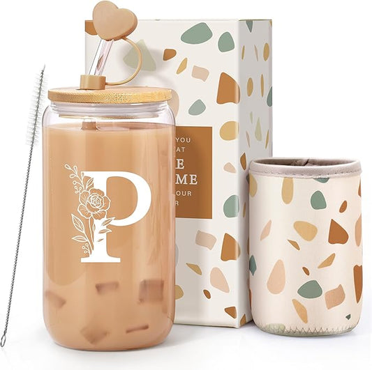 Personalized Gifts for Women, Monogrammed Gifts for Women, Initial 16 oz Glass Cups With Lids and Straws, Customized Mug, Personalized Birthday Gifts Christmas Gifts for Her Mom Friend Woman, P
