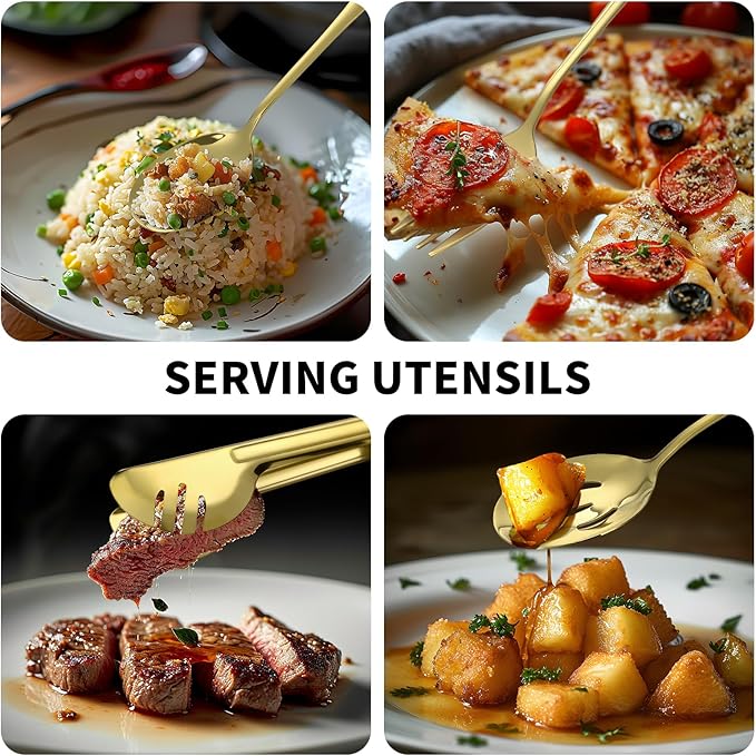 65PCS Silverware Set for 8 with Flatware Drawer Organizer, Stainless Steel Cutlery Set with Steak Knives, Include Spoons and Forks Set & Serving Utensils, Mirror Polished, Gold