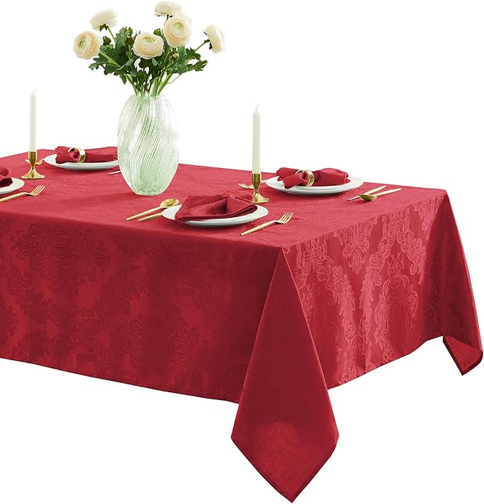 Newbridge Christmas Barcelona Damask Fabric Tablecloth, 60 x 102 Inch Rectangle, Red – No Iron, Soil Resistant Table Cover for Dining, Parties and Holidays