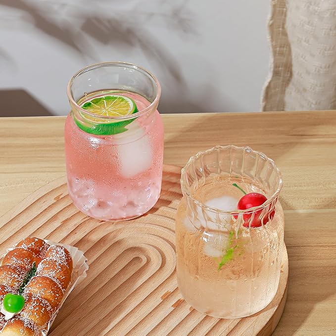 Koythin 2-Piece Ribbed Glass Cups, Vintage Drinking Glassware for Iced Coffee Juice Cocktails Milk Tea Beer, 14 oz/420 ml Cute Bubble Cup with Rounded (Bottle Chubby)