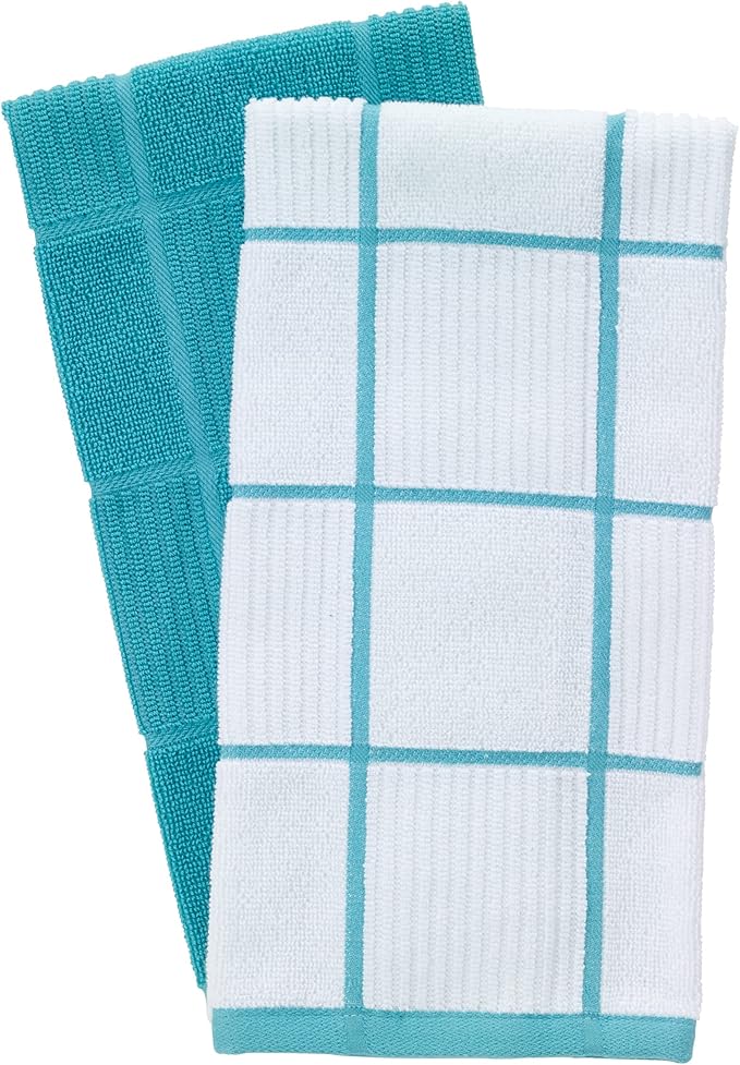 T-fal Solid & Checked Parquet Kitchen Towels: Highly Absorbent, Super Soft Long Lasting - 100% Cotton, 16"x26" Dish Towels for Cleaning & Drying Dishes, Pans, Glassware, or Countertops, 2-Pack, Breeze