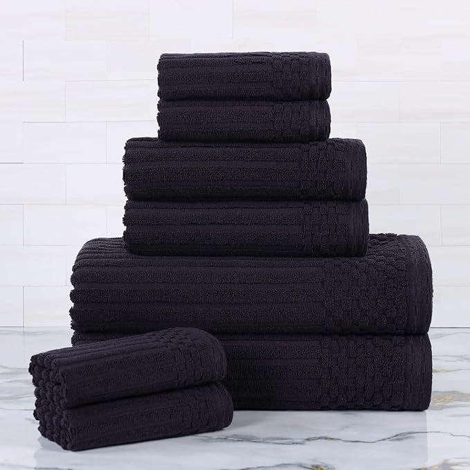 Cotton 8-Piece Solid and Ribbed Towel Set, Face Towels 13” x 13”, Hand Towels 16” x 28”, Bath Towels 27” x 54”, Black by Superior