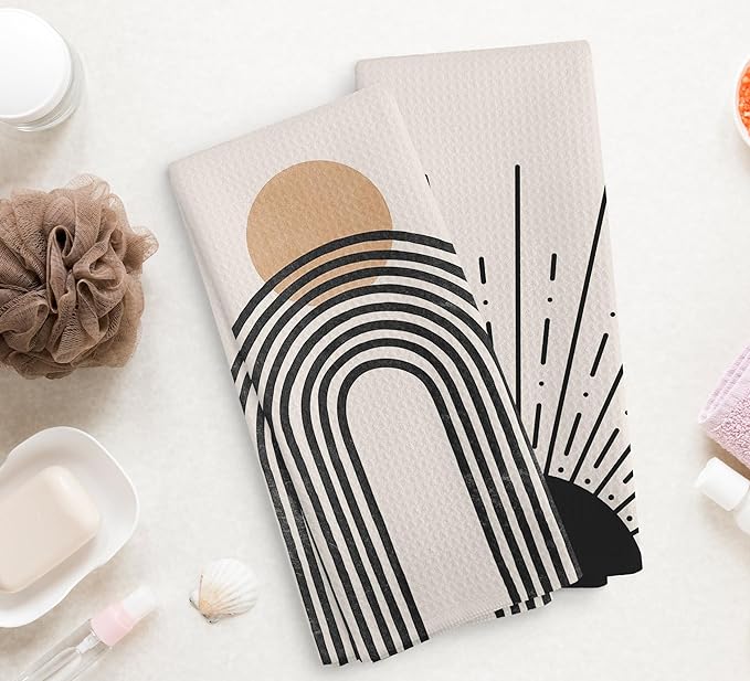 Boho Black Sun Sunrise Sunshine Rainbow Kitchen Towels and Dishcloths Sets of 2,Bohemian Absorbent Drying Cloth Hand Towels Tea Towels for Bathroom Kitchen,Boho Gifts for Women Girls,16×24 inches