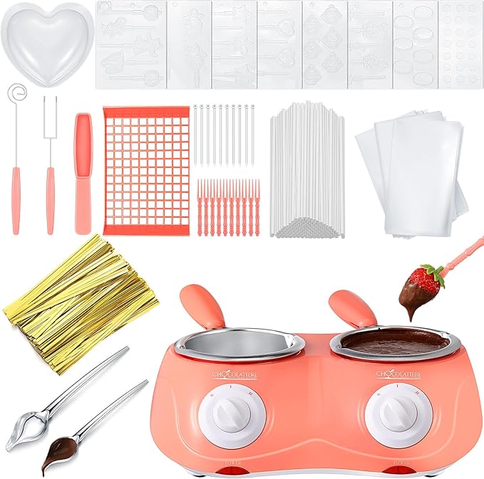 Umigy Electric Melting Chocolate Pot Gift Set Mini Fondue Fountain Pot Kit Chocolate Melting with DIY Mold and Accessories for Candy Chocolate Milk Cheese Candy Home (Pink,Double Furnace)