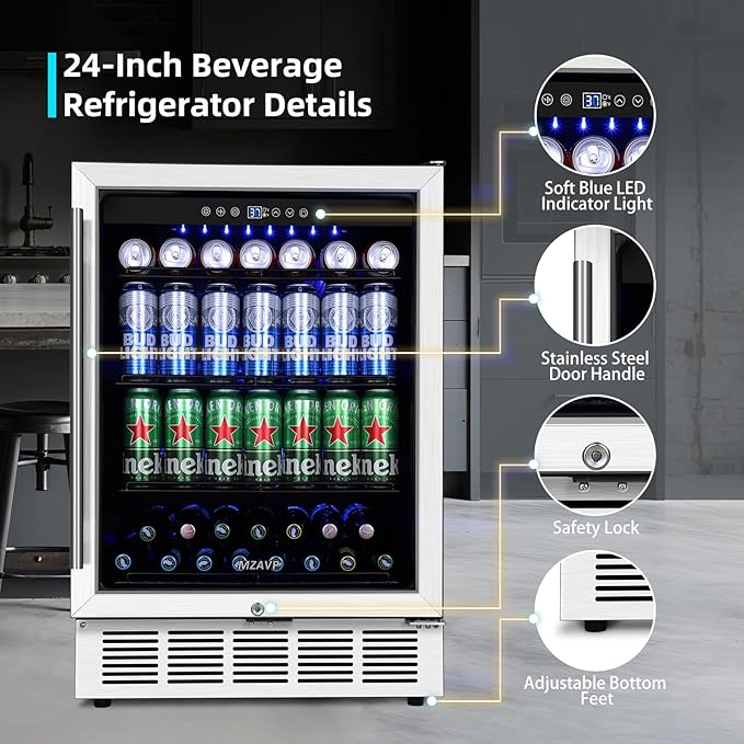 24 Inch Wide Beverage Refrigerator, 180 Can Under Counter Beverage Cooler, Drink Fridge with Glass Door Built-in or Freestanding Beer Fridge with Powerful Cooling Compressor - Silver