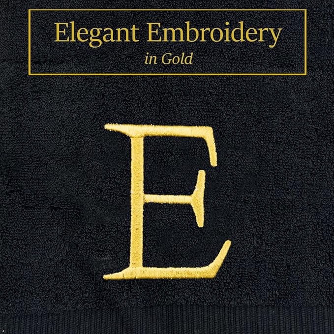 Black Monogram Hand Towel for Bathroom - Monogrammed Initial Hotel Quality Decorative Embroidered Luxury Towel for Powder Room, Spa - GOTS Organic Certified - Pack of 2, Letter E