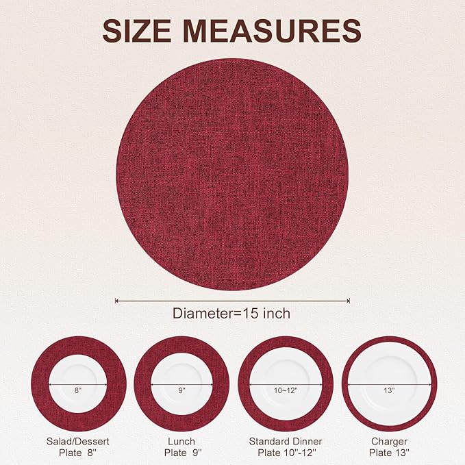 homing 15 Inch Round Cloth Placemats Set of 6, Cotton Linen Blend Washable Table Mats, Farmhouse Dining Place Mats for Indoors & Outdoors, Easy to Clean, Red
