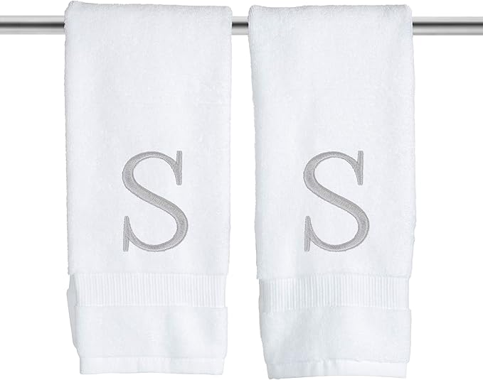 Monogrammed Hand Towels for Bathroom - Luxury Hotel Quality Personalized Initial Decorative Embroidered Bath Towel for Powder Room, Spa - GOTS Organic Certified - Set of 2 Letter S