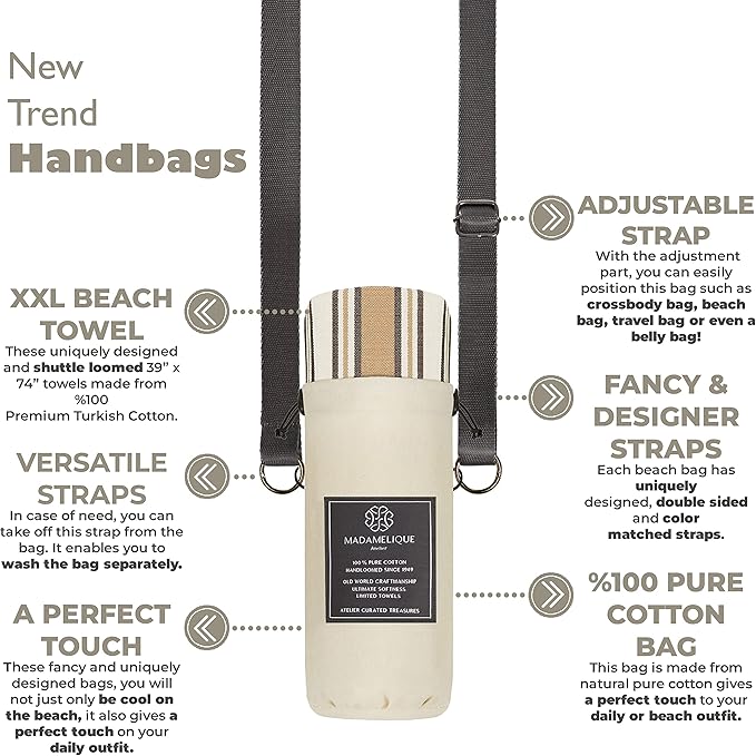 Madamelique Turkish Beach Towel with Beach Bag - 39 x 74 - Prewashed Beach Towels Oversized -%100Cotton - Quick Dry - Sand Free - Hand Loomed Turkish Bath Towels - Unique Absorbent Towel (Sand)