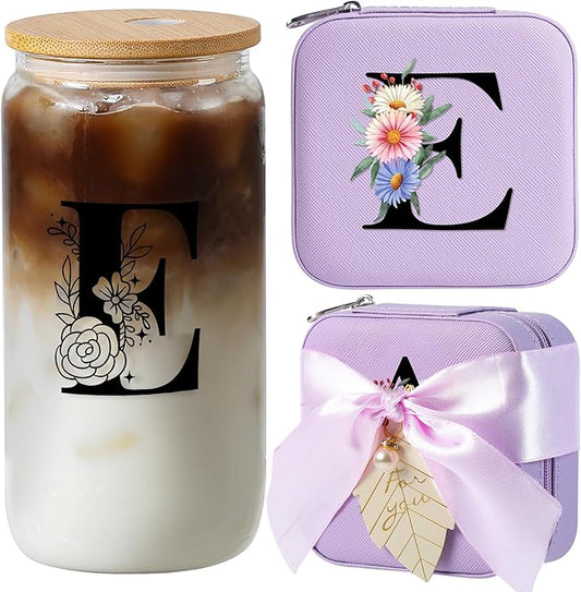 AYGXU Travel Jewelry Cases Organizer,Travel Essentials,Travel Gifts for Women Girls,16oz glass cup with bamboo lid and straw,aesthetic glass cup,Cute Tumbler Cup,Teacher Gifts,Initial E purple