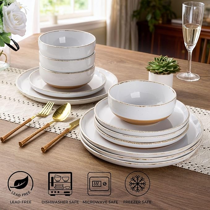 AmorArc 18 Pieces Ceramic Dinnerware Sets for 6, Handpainted Stoneware Plates and Bowls Set with Rustic Terracotta Underside, Scratch Resistant Dishes Set, Dishwasher & Microwave Safe, White
