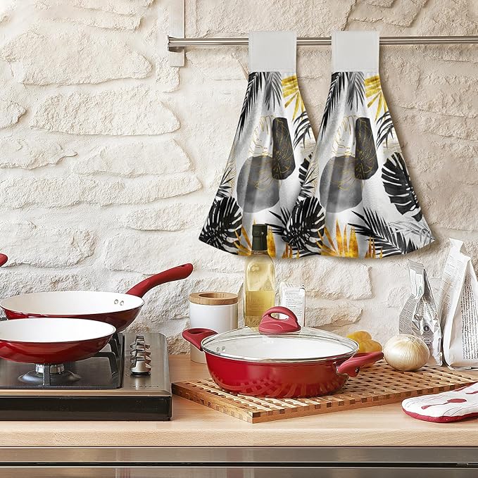 Giwawa Black and Gold Leaves Hanging Kitchen Towels 2 Pcs Tropical Palm Leaf Hand Towels Soft Tea Bar Dish Cloths Dry Towel for Bathroom Laundry