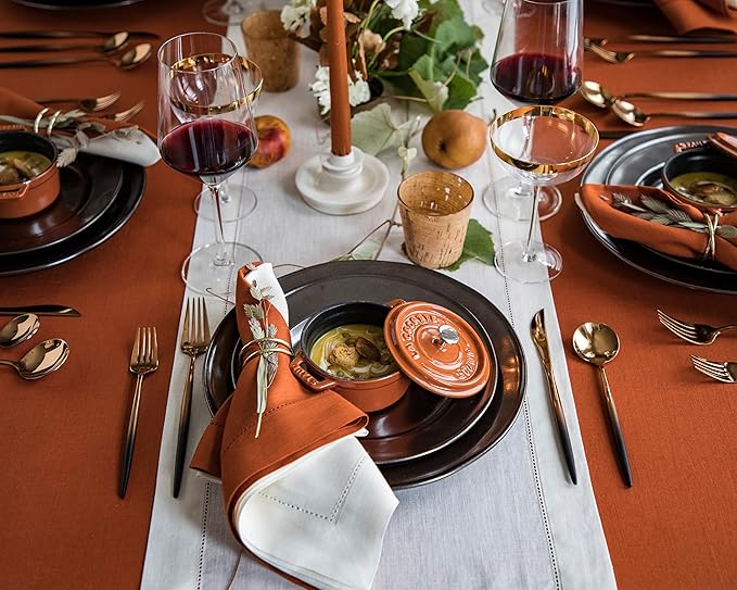 Solino Home Linen Napkins Set of 4 - Classic Hemstitch 100% Pure Linen Cinnamon Dinner Napkins Cloth 20 x 20 Inch for Winter - Handcrafted and Machine Washable