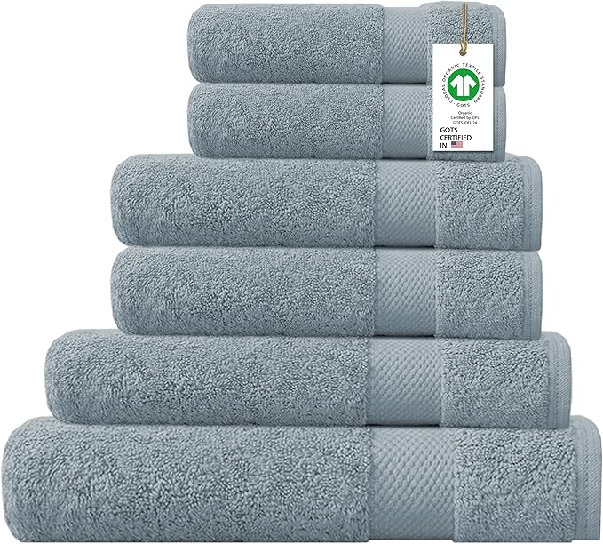 Delara 100% Organic Cotton Towels 650 GSM Plush Feather Touch Quick Dry Towel, 6-Piece Towel Set GOTS Certified, Oeko-Tex Green Certified, 1 Bath Towel, 1 Bath Sheet, 2 Hand Towels & 2 Wash Cloths