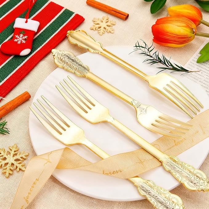 WDF 100 Piece Gold Forks Disposable - 7.48 Inch Gold Plastic Forks - Baroque Plastic Silverware for Dessert Cake - Heavy Duty Thanksgiving for Party, Wedding or Daily Using