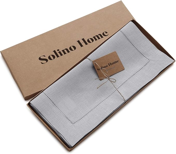 Solino Home Linen Soft Grey Table Runner 120 Inches Long - 100% Pure Linen Hemstitch 14 x 120 Inch Table Runner for Dining, New Year - Classic Hemstitch