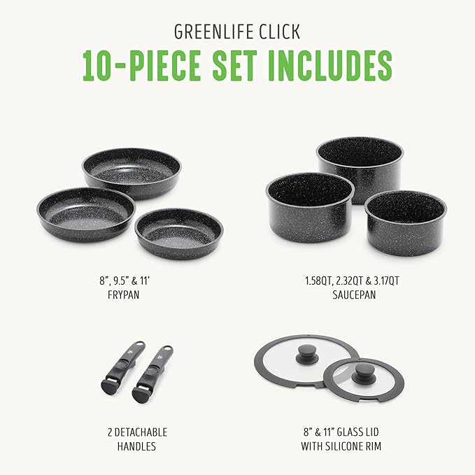 GreenLife 10 Piece Nonstick Pots & Pans Set, Detachable Handle & Stackable Cookware Set, Non Toxic PFAS-Free Skillets, Induction Kitchen Pans, Space Saving, Serving Bowls, Oven Safe, Granite Black