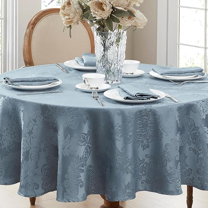 Newbridge Christmas Barcelona Damask Fabric Tablecloth, 90 Inch Round, Blue – No Iron, Soil Resistant Table Cover for Dining, Parties and Holidays