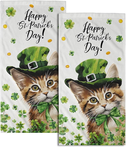 Imiss St. Patrick's Day Cat Kitchen Towels Green Leaves Shamrock Bath Towel Set of 2 Holiday Decor Guest Towel 14.4 x 28.3 Inch for Spa Yoga Sport Hotel