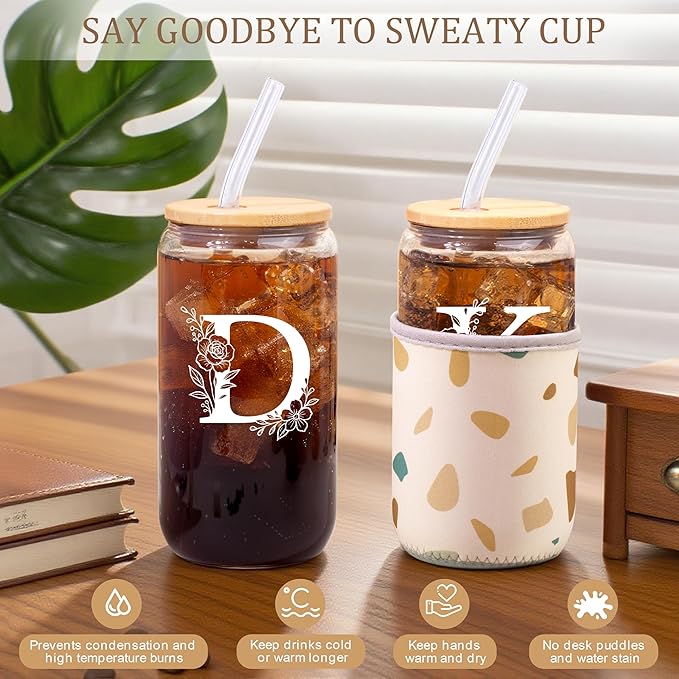 Personalized Gifts for Women, Monogrammed Gifts for Women, Initial 16 oz Glass Cups With Lids and Straws, Customized Mug, Personalized Birthday Gifts Christmas Gifts for Her Mom Friend Woman, D
