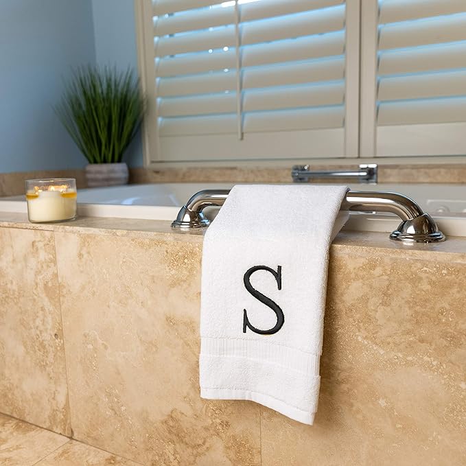 Dark Gray, Letter Hand Towel for Bathroom - Monogrammed Initial Hotel Quality Decorative Embroidered Towel for Powder Room, Spa - GOTS Organic Certified - Pack of 2, Letter S