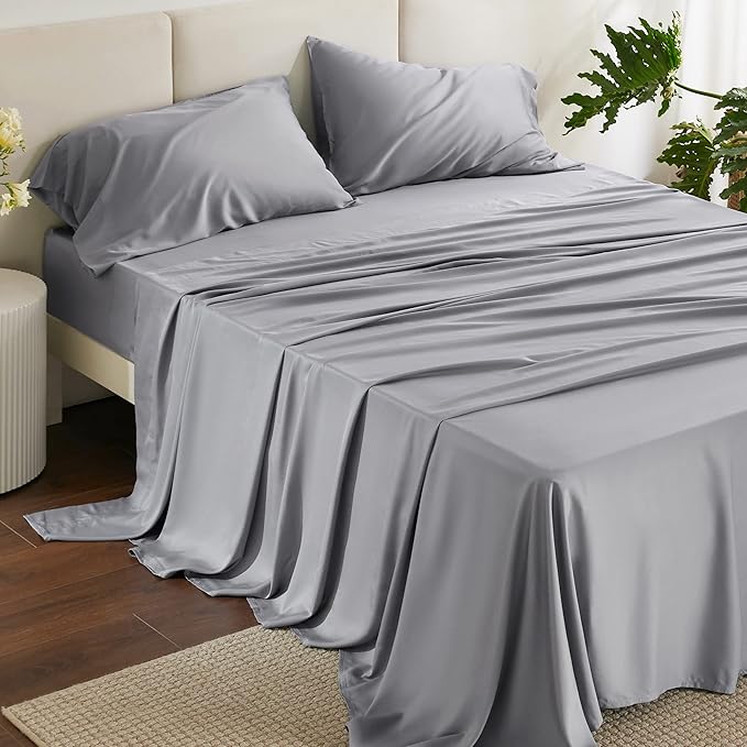 Bedsure Queen Sheet Set, Rayon Derived from Bamboo, Cooling Sheets, Deep Pocket Up to 16", Breathable & Soft, Hotel Luxury Silky Bedding for Hot Sleepers, Silver Grey