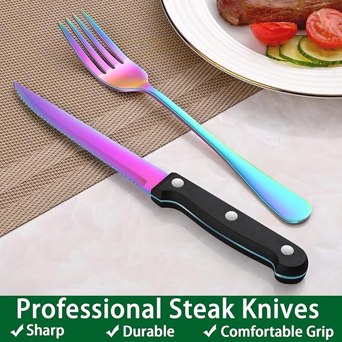 49-Pieces Colorful Rainbow Stainless Steel Silverware Sets With Organizer And Steak Knives,Knife Spoon And Fork Eating Utensils Sets For Ktichen,Multicolor Flatware Sets With Cutlery Tray