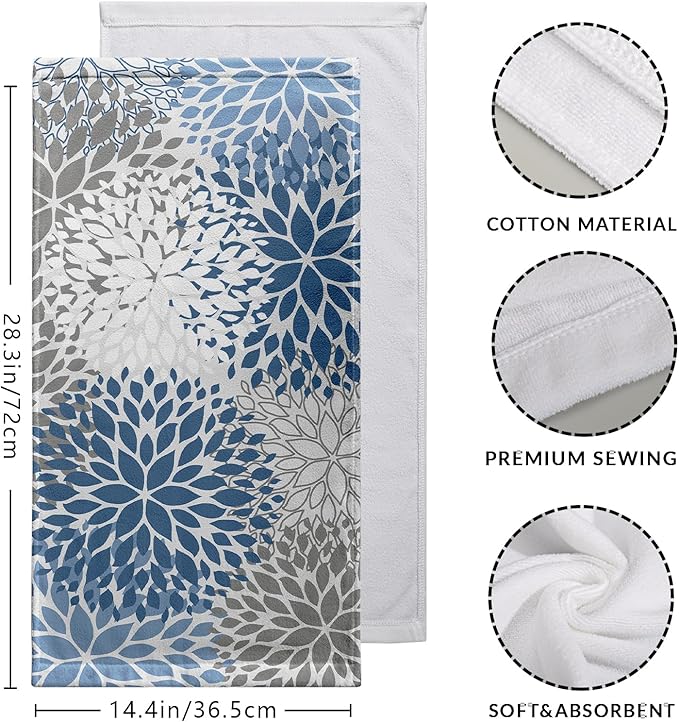 2 Pack Dahlia Flower Hand Towels for Bathroom Blue and Gray Floral Kitchen Dish Towels Soft Absorbent Decorative Tea Towel for Summer Bath Kitchen Gym Spa 14.4 x 28.3 Inch