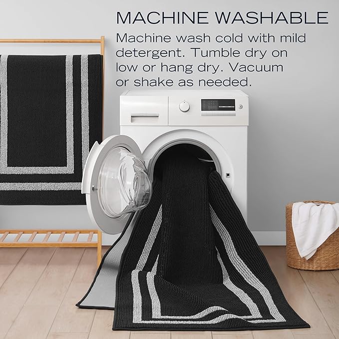 Nautica – Runner Rug | Indoor Runners for Hallways and Entry Rugs| Non-Slip and Non-Skid Entry and Kitchen Door Mat| Machine Washable Entryway Carpet Rugs |26” x 60” | Double Border Dark Grey