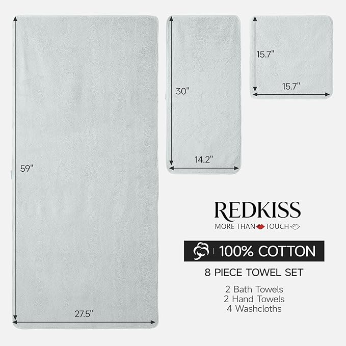 REDKISS 6-Piece Bath Towel Set, Ultra-Plush & Highly Absorbent 100% Cotton Towels for Bathroom, Grey Set Includes 2 Bath Towels, 2 Hand Towels, 2 Washcloths